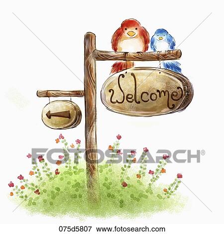 Stock Illustration - The red and blue birds on the wooden welcome sign board. Fotosearch