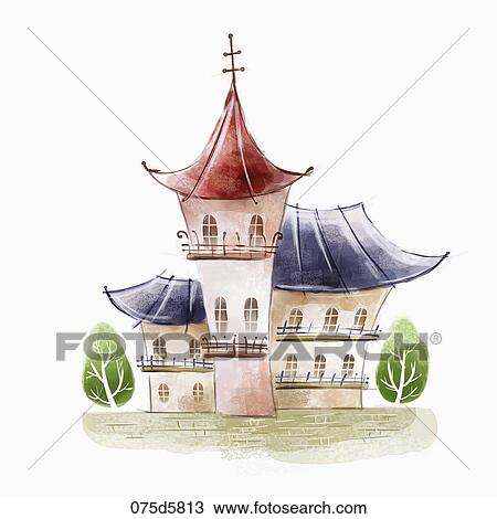Drawing - The red and purple roof castle with the green trees around. Fotosearch