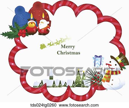 Clipart - The red flower frame with snowman, candles, and woolen hats. Fotosearch