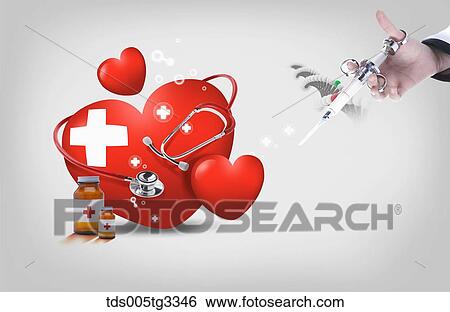 Stock Illustration - The red heart and medical equipment with a hand holding syringe. Fotosearch
