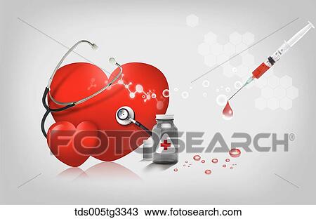 Drawing - The red heart with medical equipment around . Fotosearch