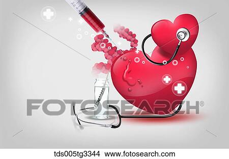 Stock Illustration - The red heart with medical equipment around . Fotosearch