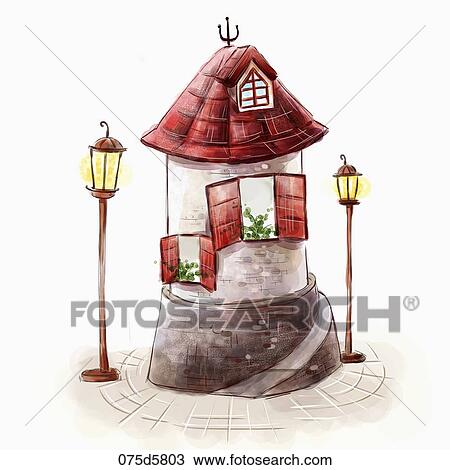 The red roof and window house with the red street lights around View Large Illustration Drawing - The red roof and window house with the red street lights around. Fotosearch