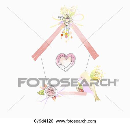 Clipart - The red roof cage with the flowers and pink bird around. Fotosearch