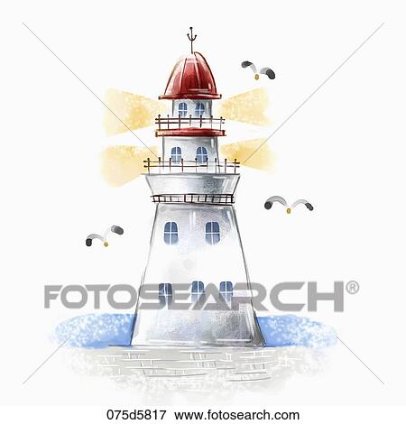 The red roof light house with the seagulls around View Large Illustration Stock Illustration - The red roof light house with the seagulls around. Fotosearch