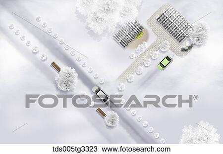 The road and cars from above with snowy surroundings View Large Illustration Drawing - The road and cars from above with snowy surroundings. Fotosearch
