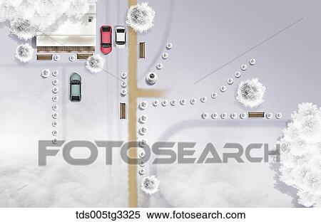 Stock Illustration - The road and cars from above with snowy surroundings. Fotosearch
