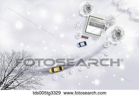 Stock Illustration - The road and cars from above with snowy surroundings. Fotosearch