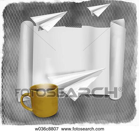 Stock Illustration - The rolled paper, paper plane, and a cup of coffee with the steal bar . Fotosearch