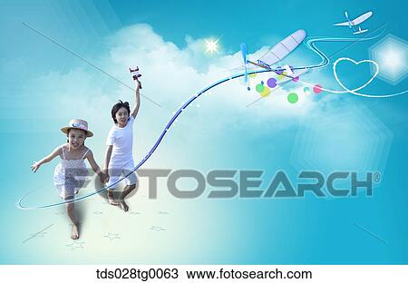 The running children and airplane with blue background View Large Illustration Drawing - The running children and airplane with blue background. Fotosearch