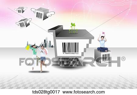 The shopping woman with barcode cart and blocks View Large Illustration Stock Illustration - The shopping woman with barcode cart and blocks. Fotosearch
