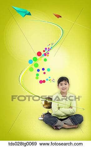 The sitting girl, golden globe, and flying paper plane with green background View Large Illustration Stock Illustration - The sitting girl, golden globe, and flying paper plane with green background. Fotosearch