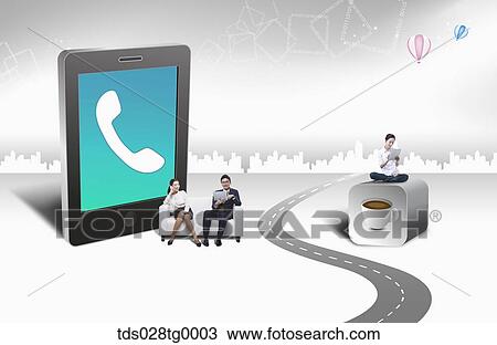 The sitting people with mobile and coffee block View Large Illustration Drawing - The sitting people with mobile and coffee block. Fotosearch