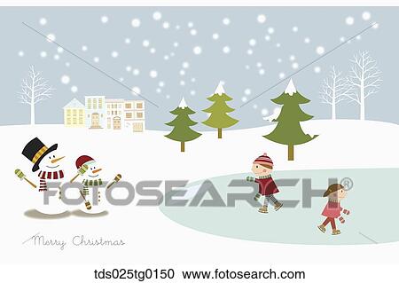 The skating children and snowmen with Merry Christmas View Large Illustration Clipart - The skating children and snowmen with Merry Christmas. Fotosearch
