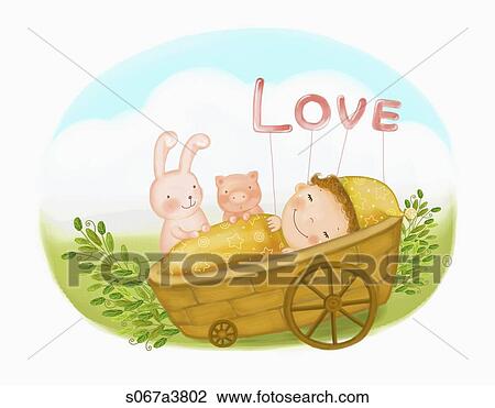Drawing - The sleeping baby with rabbit and pig around . Fotosearch
