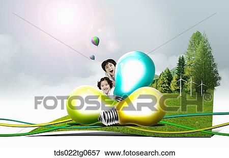 The smiling children with the bulbs and green landscape View Large Illustration Stock Illustration - The smiling children with the bulbs and green landscape . Fotosearch