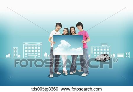 The smiling people holding the board of white cloud View Large Illustration Clipart - The smiling people holding the board of white cloud. Fotosearch