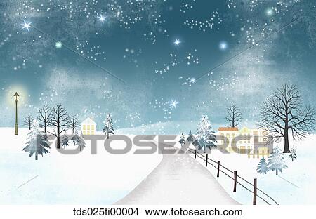 Stock Illustration - The snow tree, house, and road with the dark sky . Fotosearch