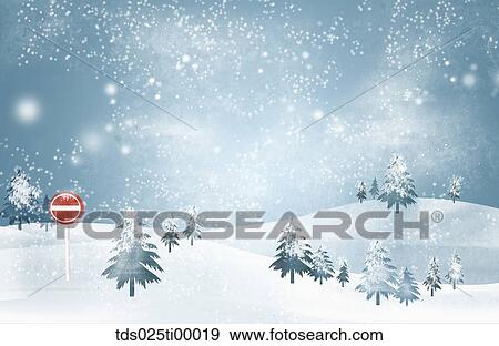 Stock Illustration - The snowy hill and stop sign with blue background. Fotosearch
