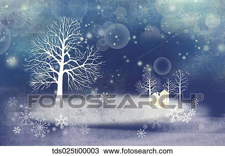 The snowy tree and house with blue background View Large Illustration Drawing - The snowy tree and house with blue background. Fotosearch