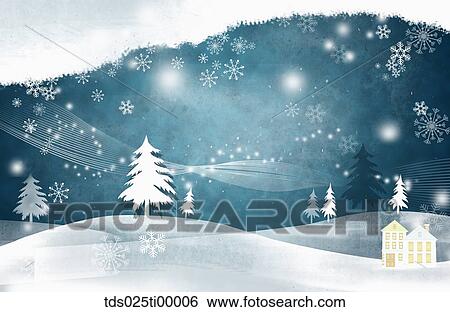 Stock Illustration - The snowy tree and house with blue background. Fotosearch
