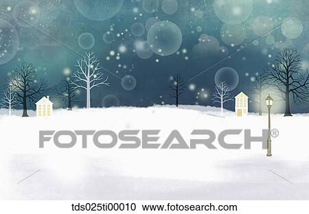 The snowy tree and house with the dark sky View Large Illustration Clipart - The snowy tree and house with the dark sky . Fotosearch