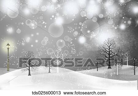 The snowy tree and street light with gray background View Large Illustration Drawing - The snowy tree and street light with gray background. Fotosearch