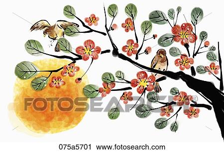 The sparrow on the red blossom tree View Large Illustration Clip Art - The sparrow on the red blossom tree. Fotosearch
