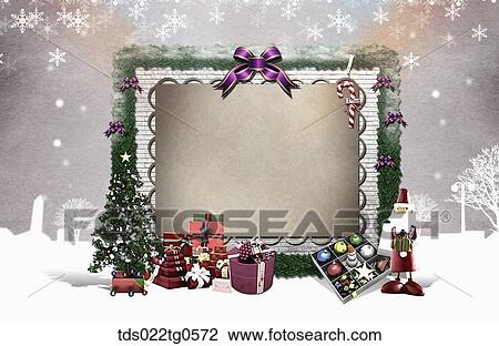 The square tree frame with Christmas decorations around View Large Illustration Drawing - The square tree frame with Christmas decorations around. Fotosearch