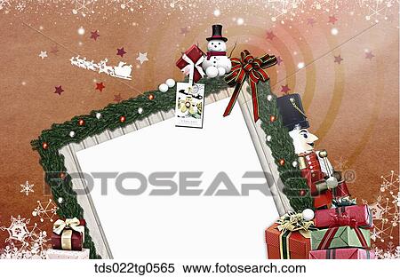 Stock Illustration - The square tree frame with Christmas decorations around. Fotosearch