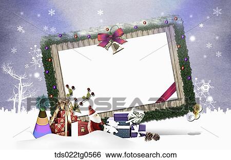 Stock Illustration - The square tree frame with Christmas decorations around. Fotosearch