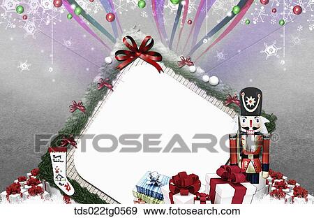 Stock Illustration - The square tree frame with Christmas decorations around. Fotosearch