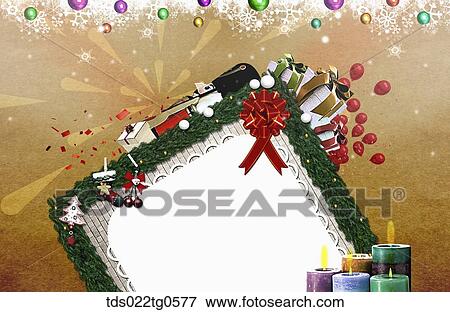 Stock Illustration - The square tree frame with Christmas decorations around. Fotosearch