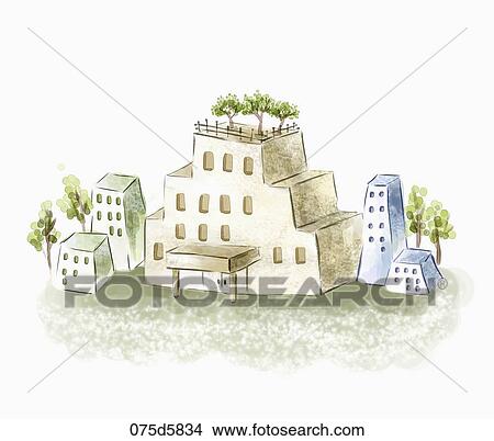 The stair shaped building with other buildings around View Large Illustration Stock Illustration - The stair shaped building with other buildings around. Fotosearch