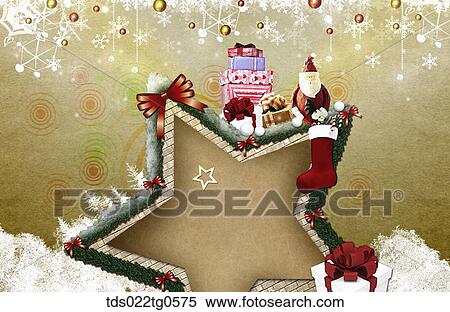Stock Illustration - The star tree frame with Christmas decorations around. Fotosearch