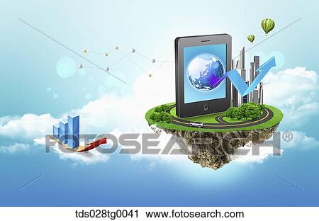 The tablet PC with globe and arrow standing on the green island and the blue chart on the red arrow View Large Illustration Clip Art - The tablet PC with globe and arrow standing on the green island and the blue chart on the red arrow. Fotosearch
