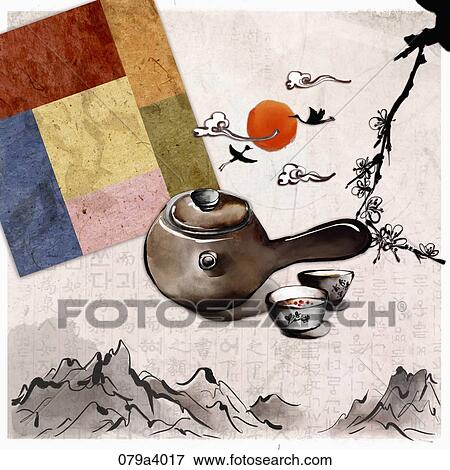 The tea pot and cup with traditional pattern and landscape around View Large Illustration Stock Illustration - The tea pot and cup with traditional pattern and landscape around. Fotosearch