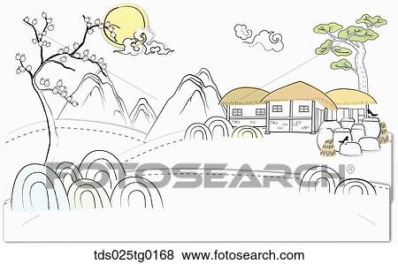Stock Illustration - The traditional house with the full moon, mountain, and tree around. Fotosearch