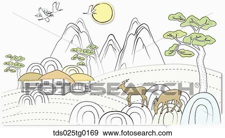 Stock Illustration - The traditional house with the full moon, mountain, flying crane, and deer around. Fotosearch