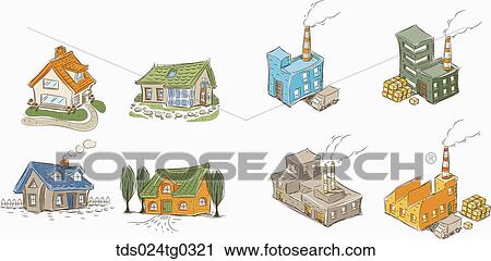 Clip Art - The various colors and types of house and factory image. Fotosearch