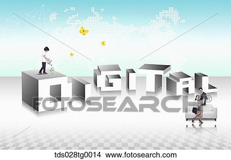Stock Illustration - The watering boy, man and woman with digital block. Fotosearch
