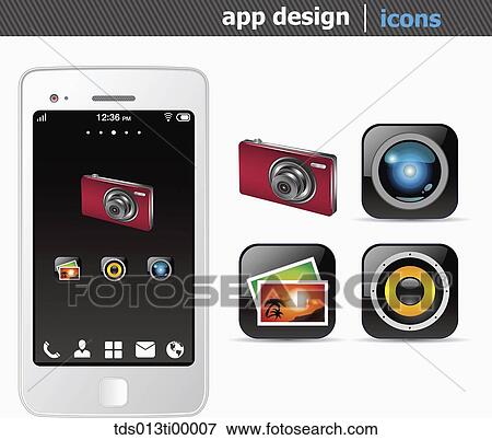 Stock Illustration - The white smart phone with the camera application icons . Fotosearch