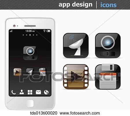 The white smart phone with the application icons View Large Illustration Clipart - The white smart phone with the application icons . Fotosearch