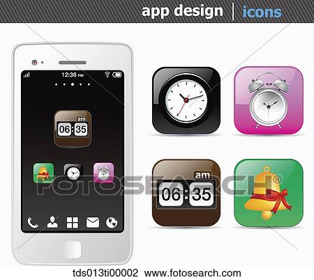 Drawing - The white smart phone with the clock application icons . Fotosearch