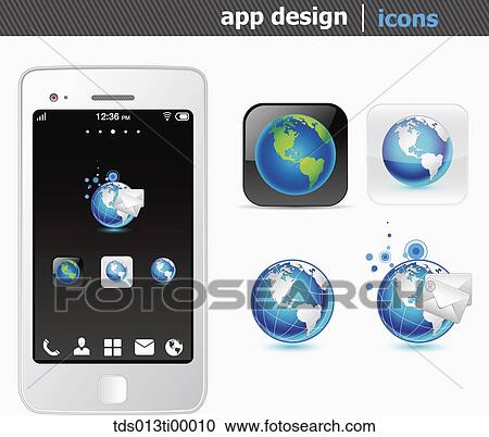 The white smart phone with the globe and mail application icons View Large Illustration Clipart - The white smart phone with the globe and mail application icons . Fotosearch