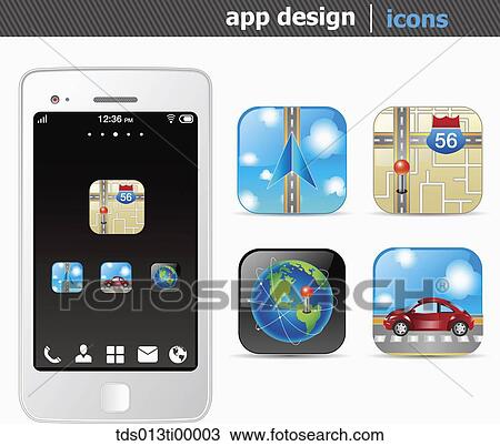 The white smart phone with the GPS application icons View Large Illustration Drawing - The white smart phone with the GPS application icons . Fotosearch