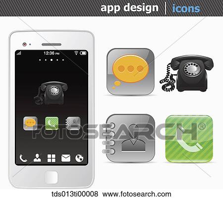 Stock Illustration - The white smart phone with the directory and call application icons . Fotosearch