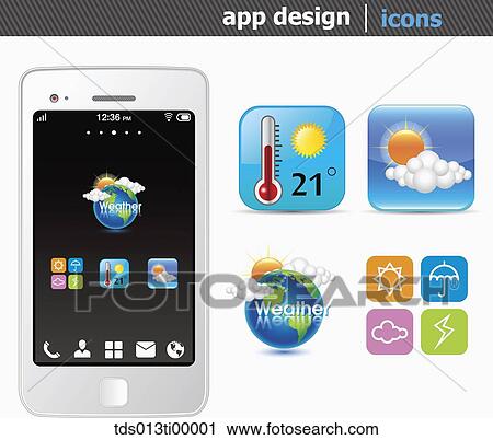 The white smart phone with the weather application icons View Large Illustration Clip Art - The white smart phone with the weather application icons . Fotosearch