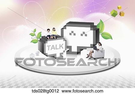 Drawing - The woman and children with messenger icon . Fotosearch