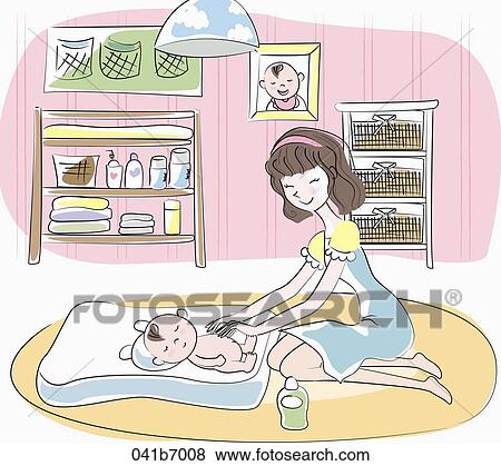 Stock Illustration - The woman giving massage on the baby. Fotosearch
